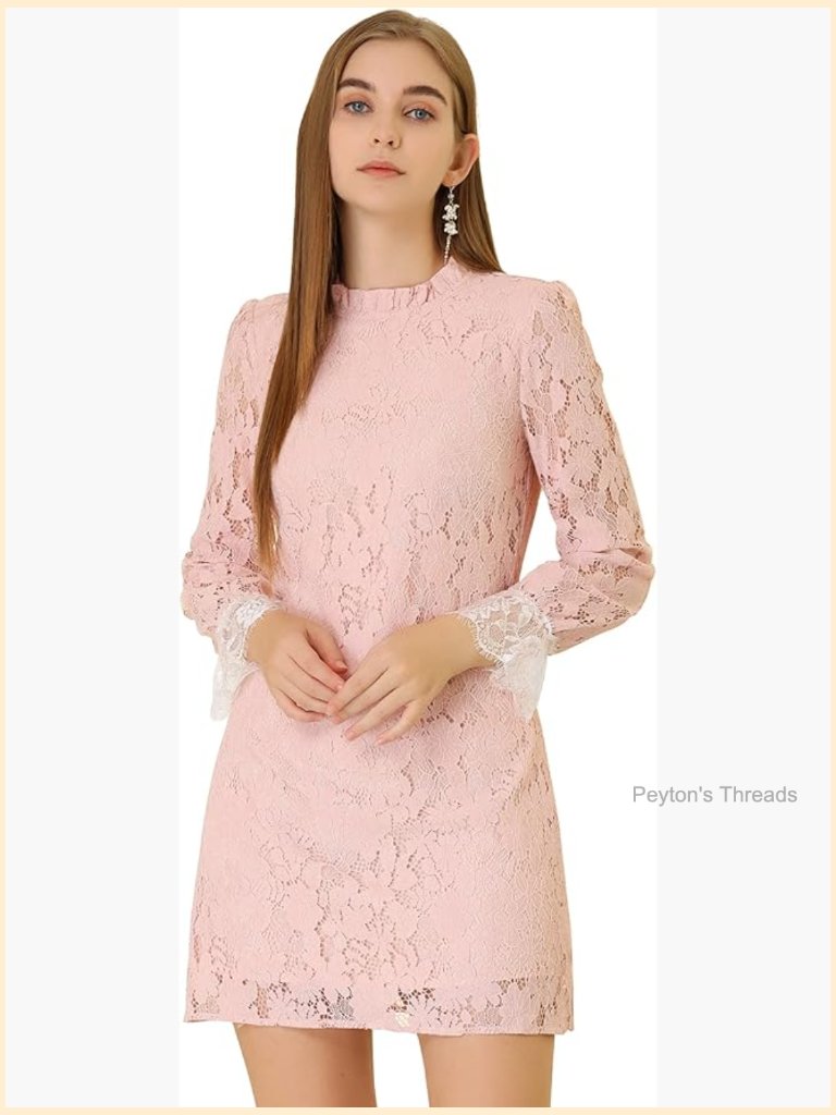 Elegant Floral Lace Shift Dress With Ruffle Crew Neck